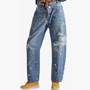 Women's Baggy Barrel Jeans Boyfriend Mid Rise Drawstring Wide Leg Denim Pants L.